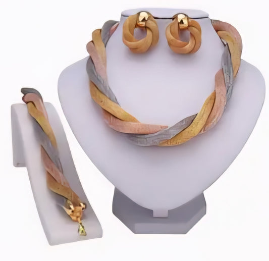 3PC Rose Gold - Hollow Tri Tone Jewelry Set