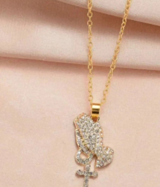 Praying Hands Cross Pendant Necklace