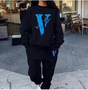 V Letter Print 2PC Set, Crew Neck Long Sleeve Tops & Drawstring Jogger